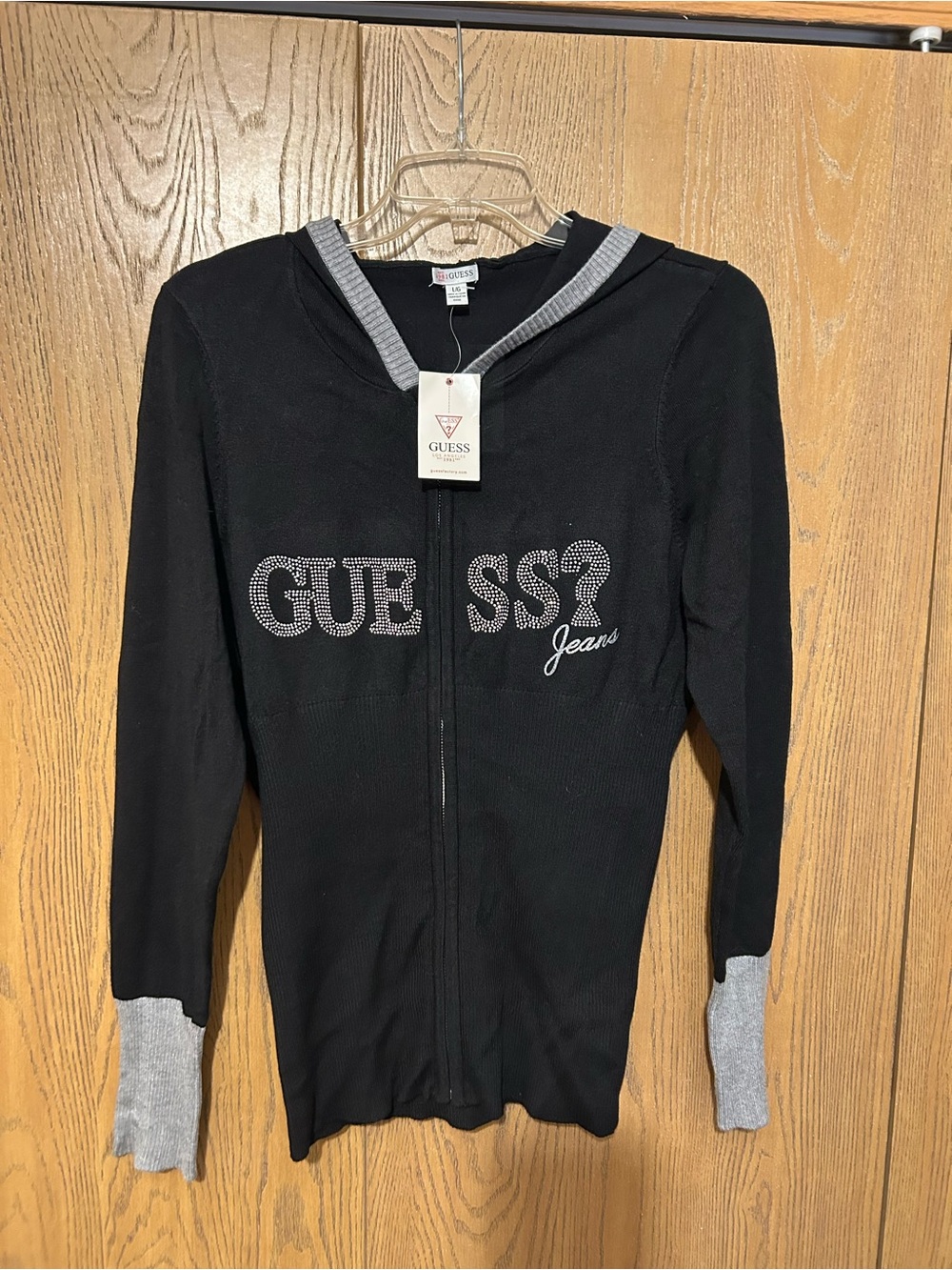 Guess Black Zip Hoodie with Silver Rhinestone Logo